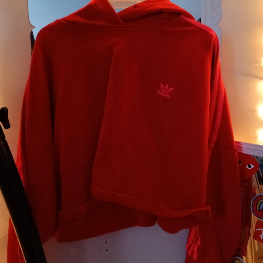 Red Adidas Crop Hoodie with Pink Stripes